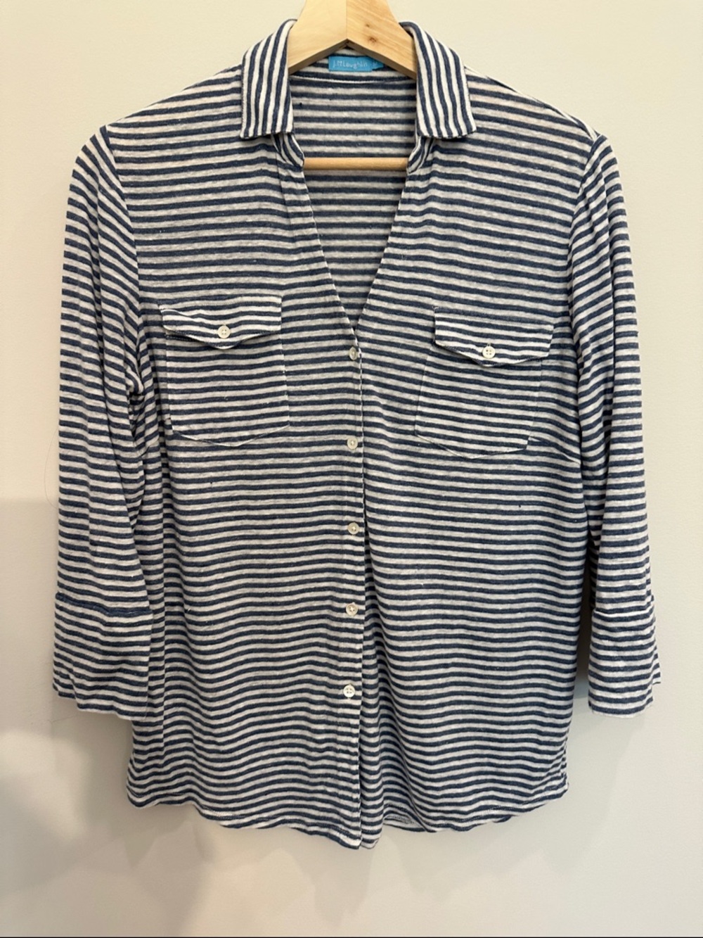 J. McLaughlin Blue and White Linen slub Striped Button-Down Shirt